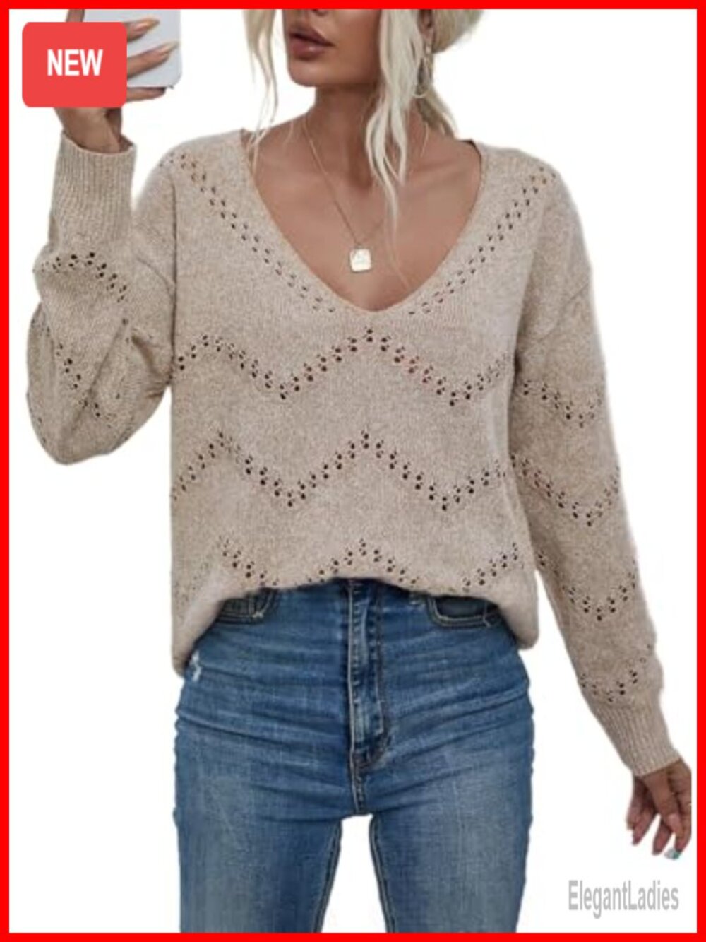 EVALESS Women's Crochet Sweater Top Hollow Out Long Sleeve Pullover